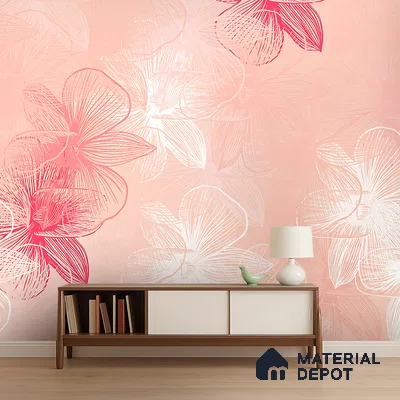 Modern living room with pink floral wallpaper and wooden console in Bengaluru