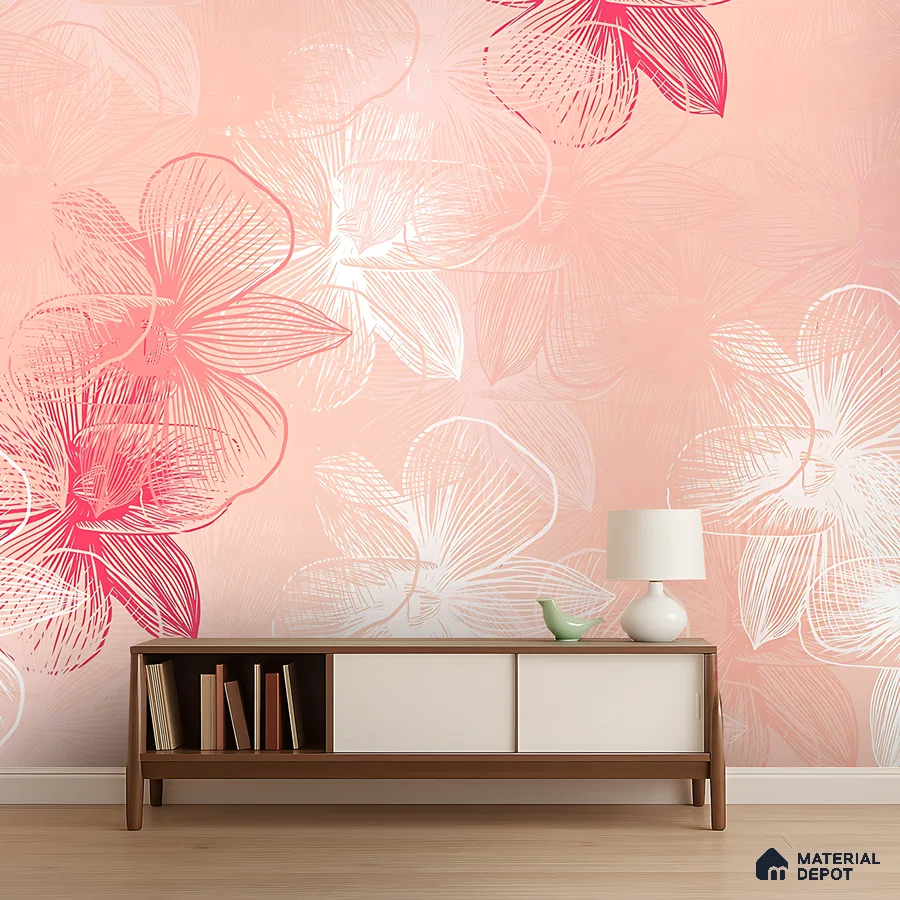 Modern living room with pink floral wallpaper and wooden console in Bengaluru