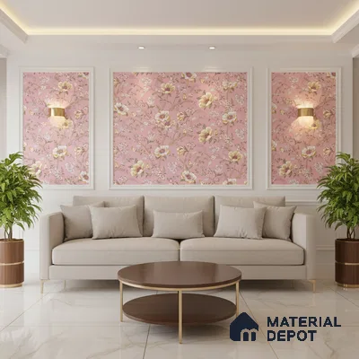 Modern living room with pink floral wallpaper, beige sofa, and marble floor tiles in Bengaluru