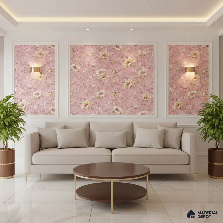 Modern living room with pink floral wallpaper, beige sofa, and marble floor tiles in Bengaluru