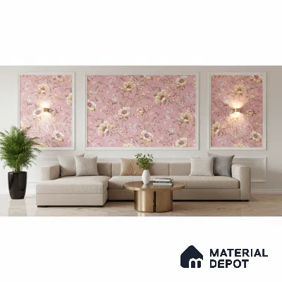 Modern living room with pink floral wallpaper panels and beige sectional sofa in Bengaluru