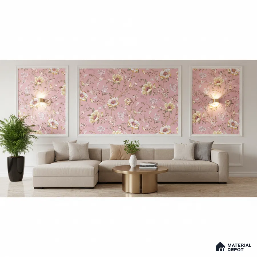 Modern living room with pink floral wallpaper panels and beige sectional sofa in Bengaluru