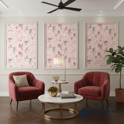 Modern living room with pink floral wallpaper panels, velvet armchairs, and marble coffee table in Bengaluru