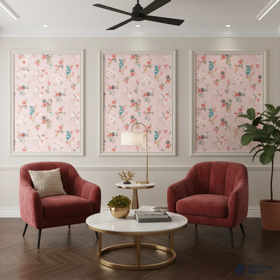 Modern living room with pink floral wallpaper panels, velvet armchairs, and marble coffee table in Bengaluru