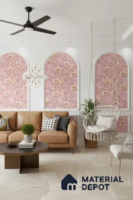 Modern living room with pink floral wallpaper, tan leather sofa, and cream marble floor tiles in Bengaluru
