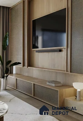 Modern TV Unit with Rattan-Paneled Accent Wall | Material Depot
