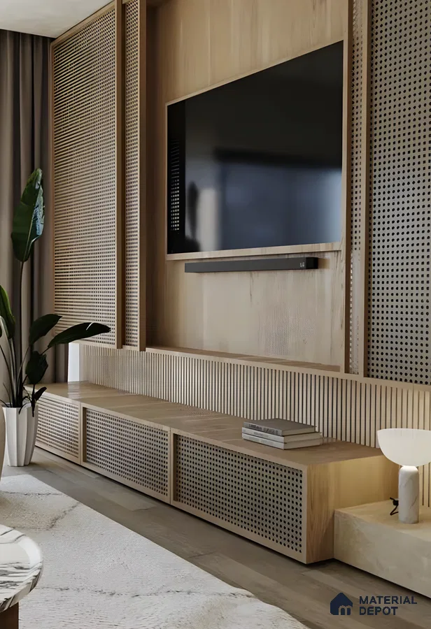 Modern TV Unit with Rattan-Paneled Accent Wall | Material Depot