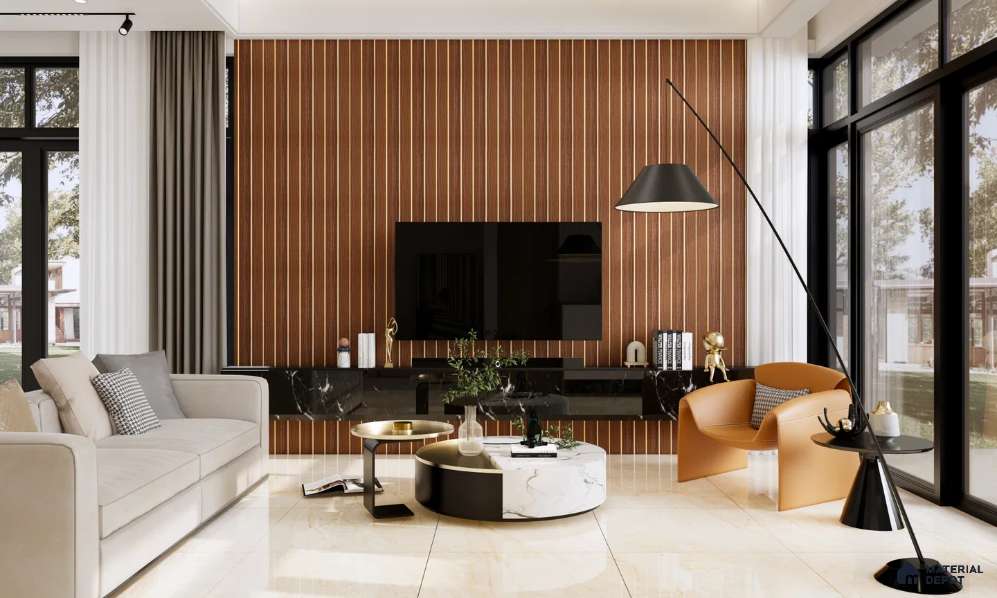 Modern Living Room with Rich Wooden Fluted Wall Paneling | Material Depot