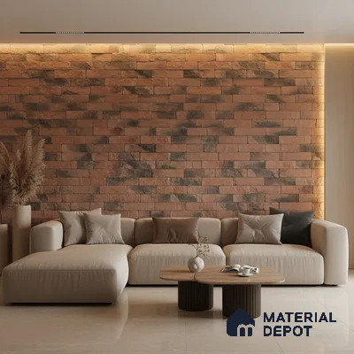 Modern living room with rustic stone cladding accent wall and beige marble floor tiles in Bengaluru