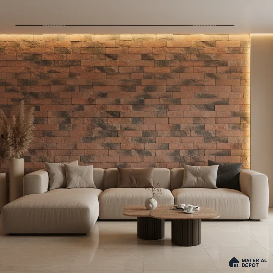 Modern living room with rustic stone cladding accent wall and beige marble floor tiles in Bengaluru