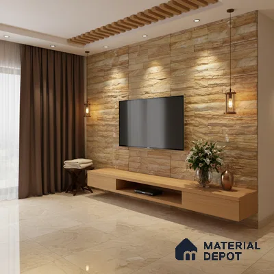 Modern living room with sandstone cladding TV wall and beige marble floor tiles in Bengaluru