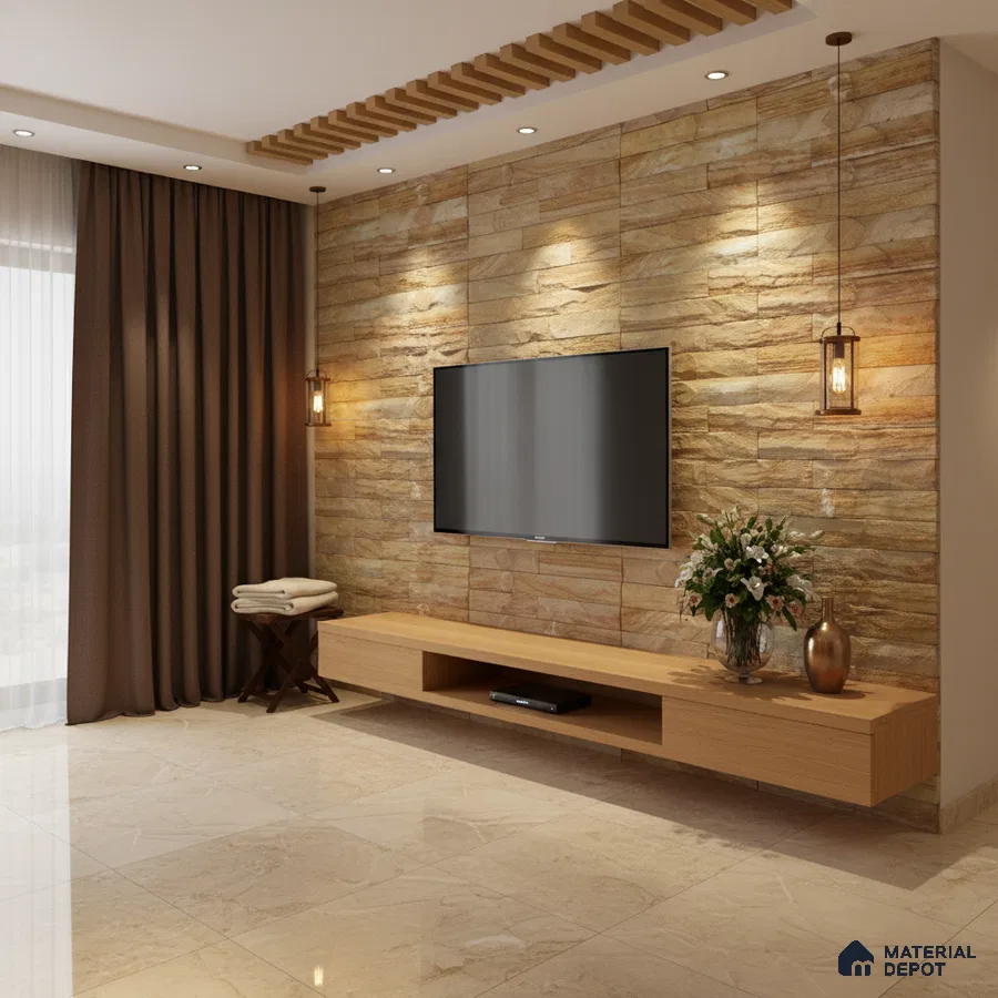 Modern living room with sandstone cladding TV wall and beige marble floor tiles in Bengaluru