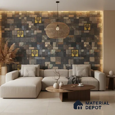 Modern living room with slate stone cladding accent wall and beige marble floor tile in Bengaluru