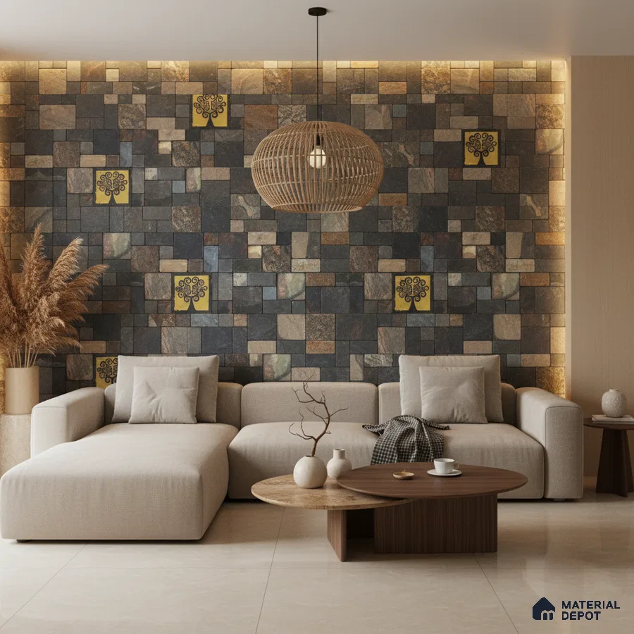 Modern living room with slate stone cladding accent wall and beige marble floor tile in Bengaluru