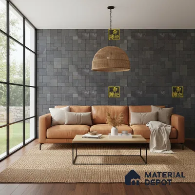 Modern living room with slate stone cladding wall, tan leather sofa, and wooden flooring in Bengaluru