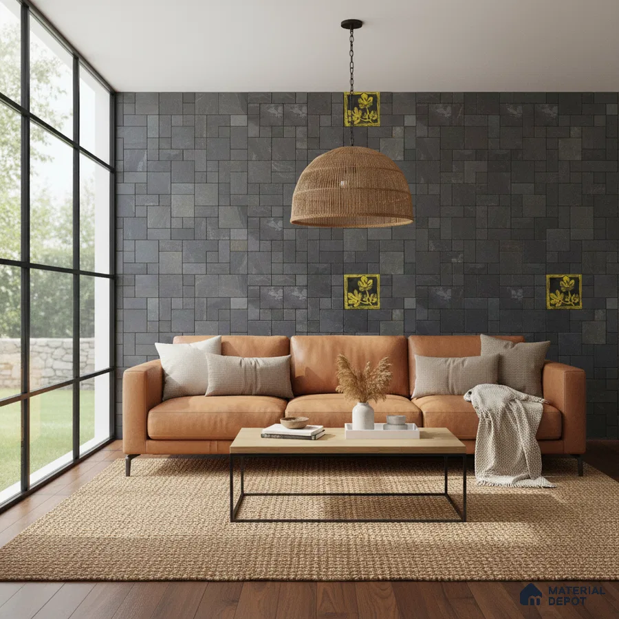 Modern living room with slate stone cladding wall, tan leather sofa, and wooden flooring in Bengaluru