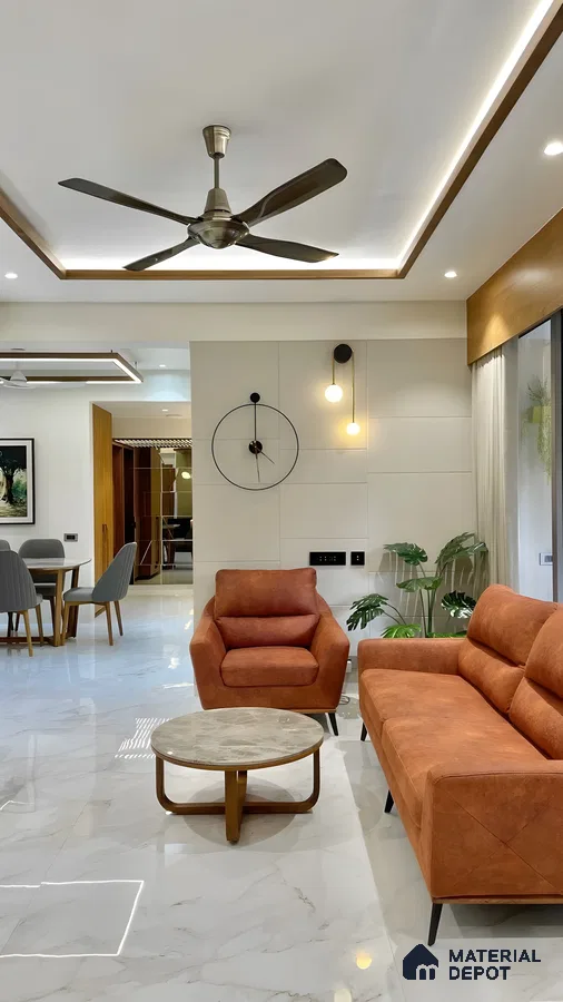 Modern Living Room with Sleek Marble Flooring and Orange Accents | Material Depot
