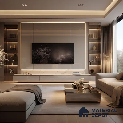 Modern TV Unit with Sleek TV Console and Marble Accents | Material Depot