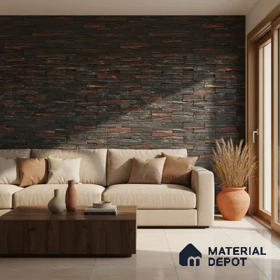 Modern living room with stacked stone cladding accent wall and beige floor tiles in Bengaluru
