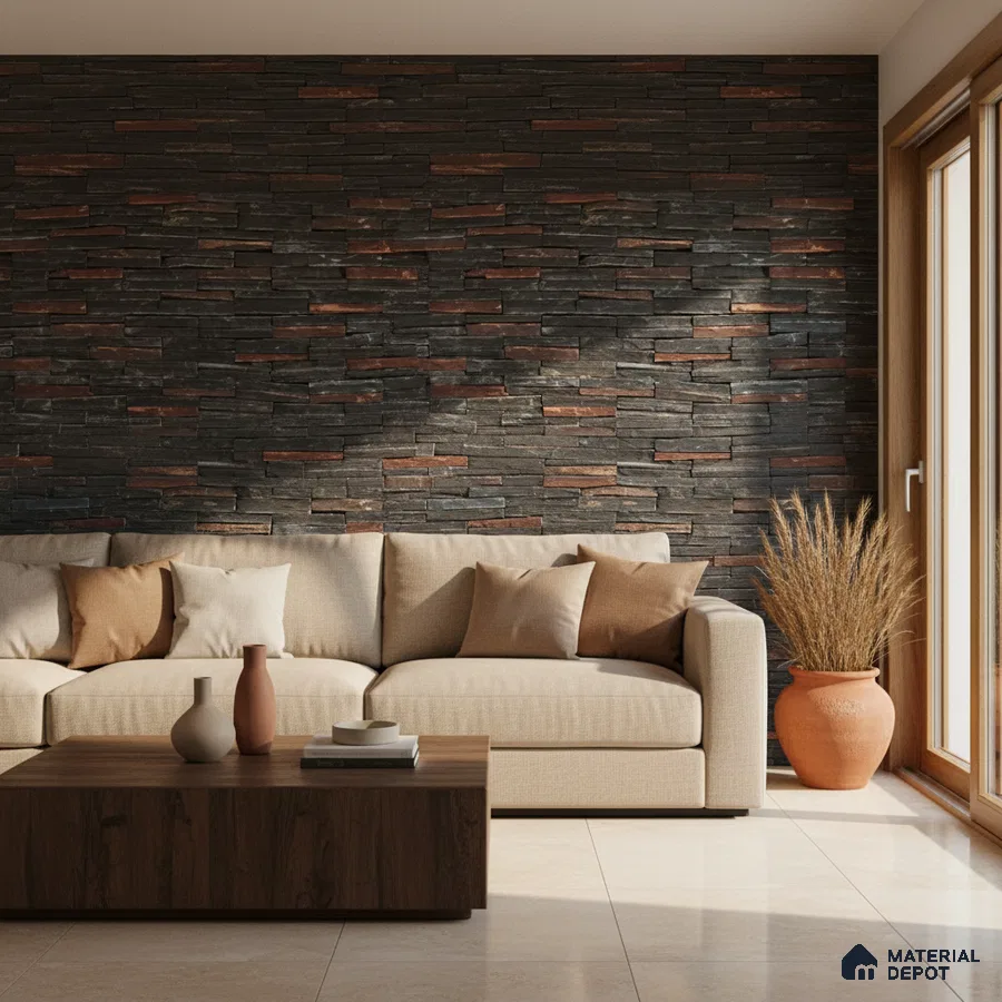 Modern living room with stacked stone cladding accent wall and beige floor tiles in Bengaluru