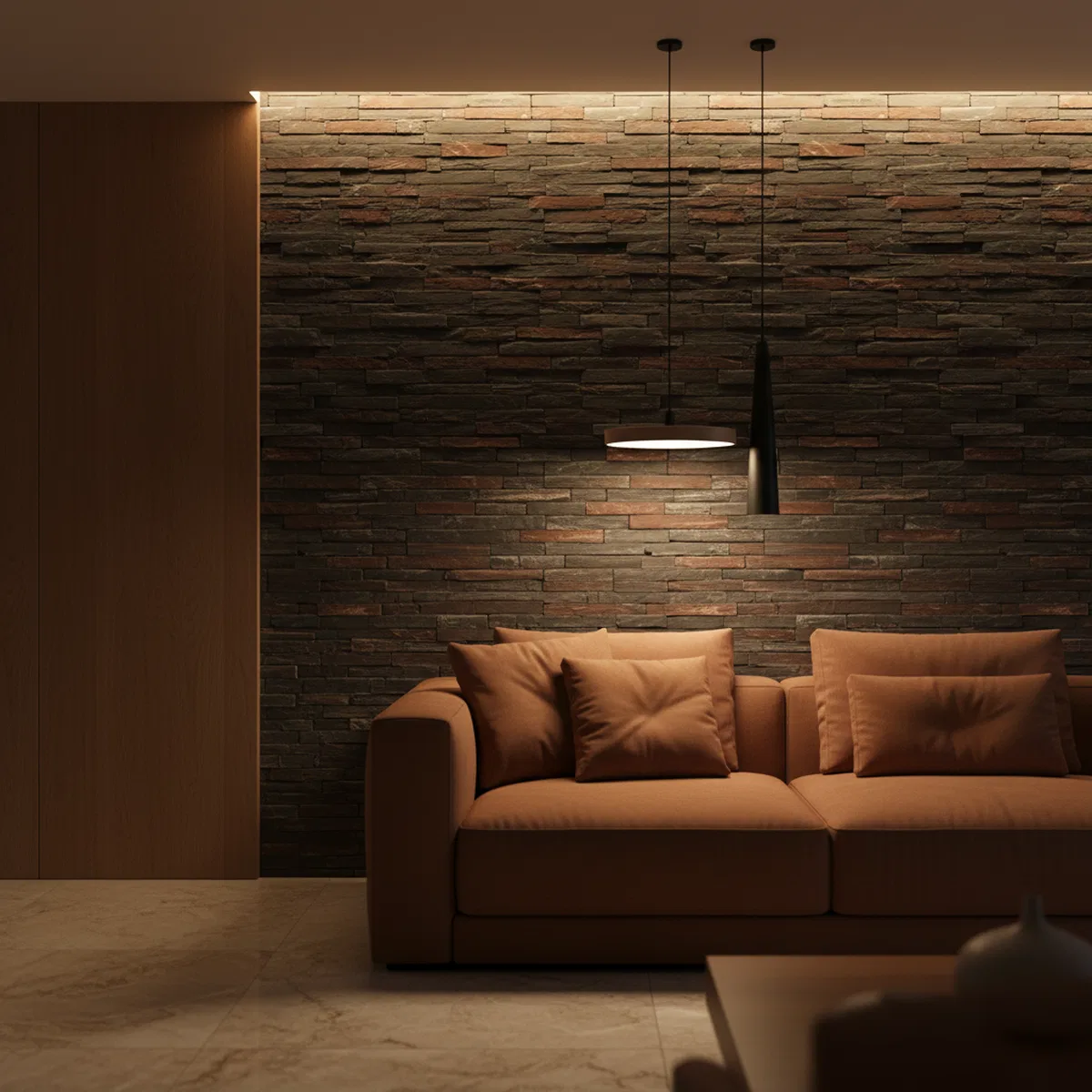 Modern living room with stacked stone cladding accent wall and beige ...
