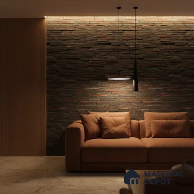 Modern living room with stacked stone cladding accent wall and beige marble floor tile in Bengaluru