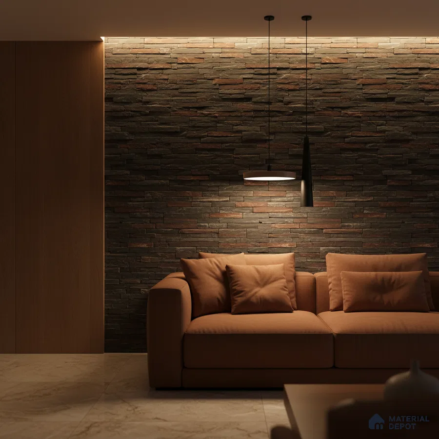 Modern living room with stacked stone cladding accent wall and beige marble floor tile in Bengaluru