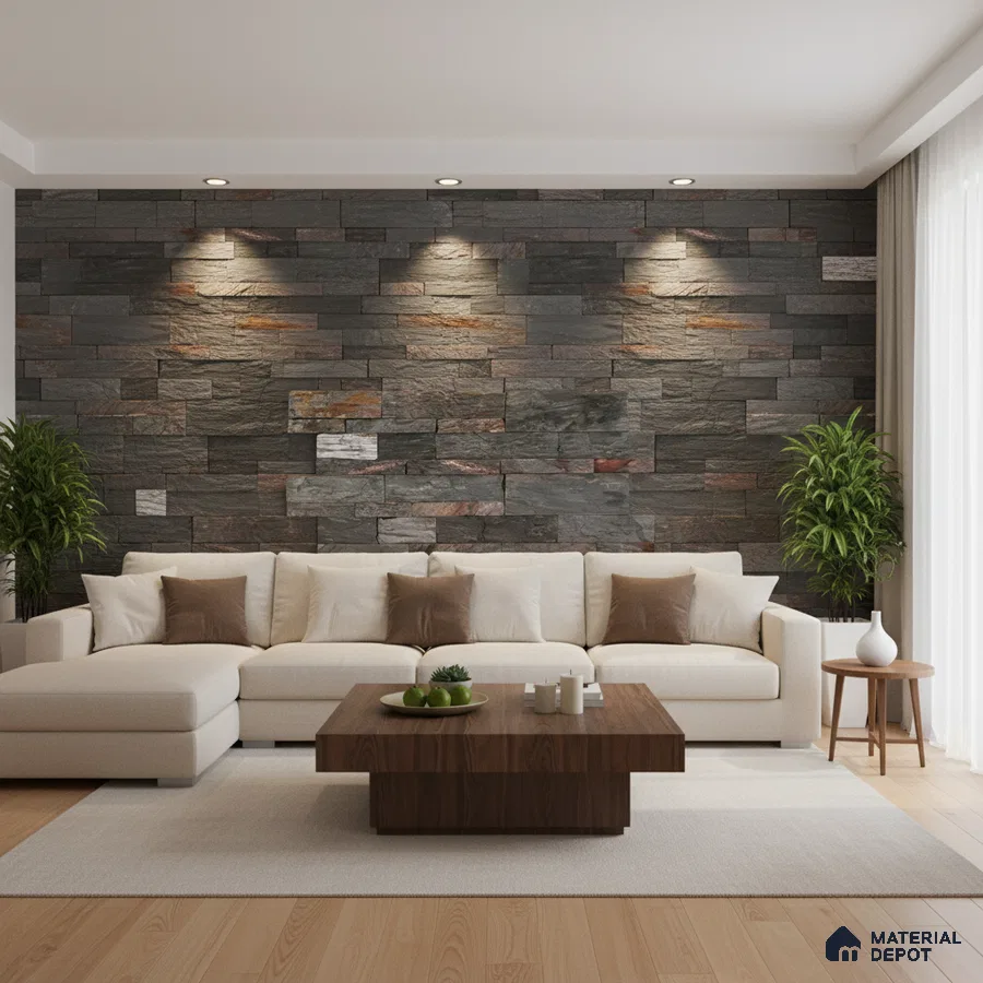 Modern living room with stacked stone cladding accent wall and light oak wooden flooring in Bengaluru