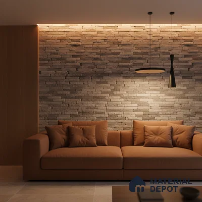 Modern living room with stacked stone cladding accent wall and warm brown upholstery in Bengaluru