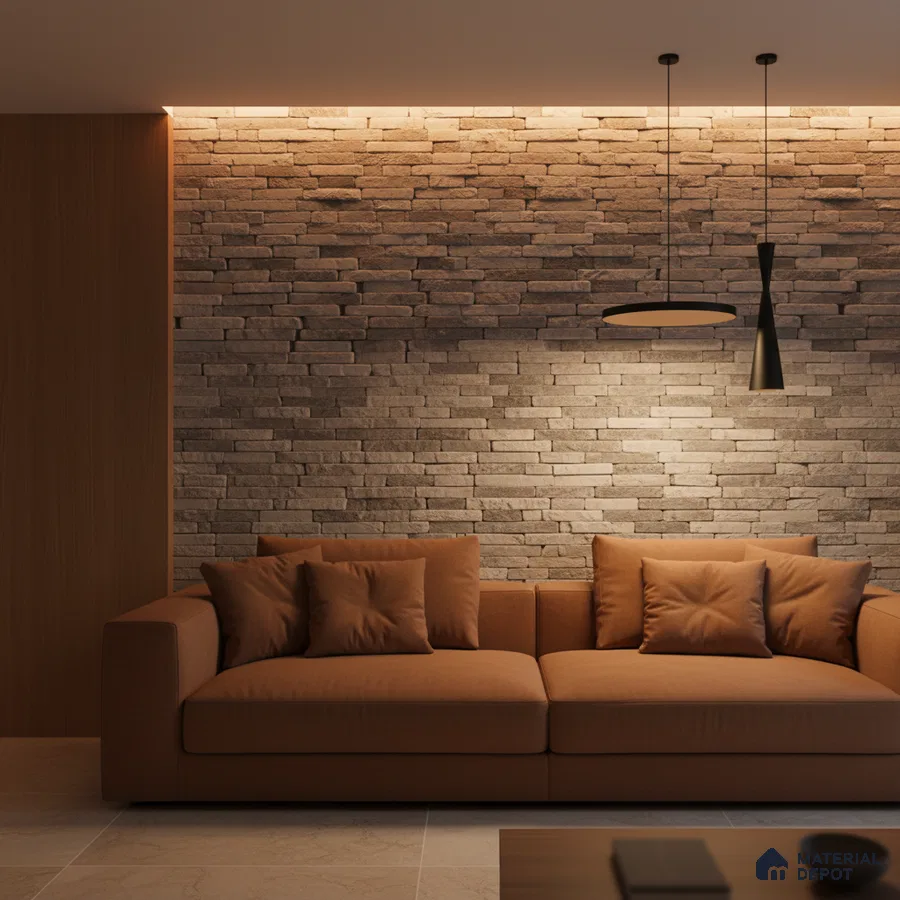 Modern living room with stacked stone cladding accent wall and warm brown upholstery in Bengaluru