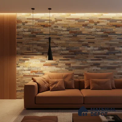 Modern living room with stacked stone cladding accent wall and warm brown upholstery in Bengaluru