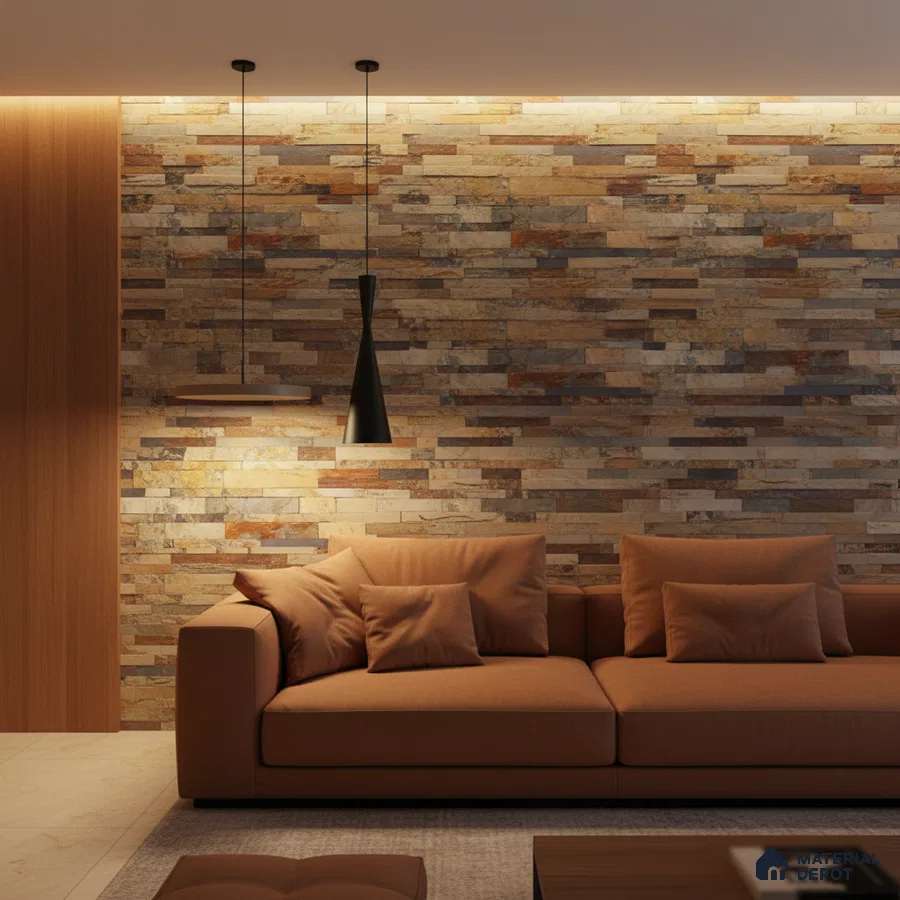 Modern living room with stacked stone cladding accent wall and warm brown upholstery in Bengaluru