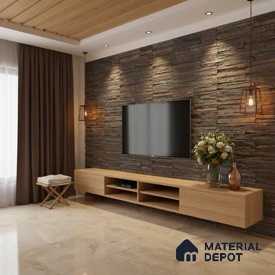 Modern living room with stacked stone cladding, light oak laminate TV unit, and beige marble floor tiles in Bengaluru
