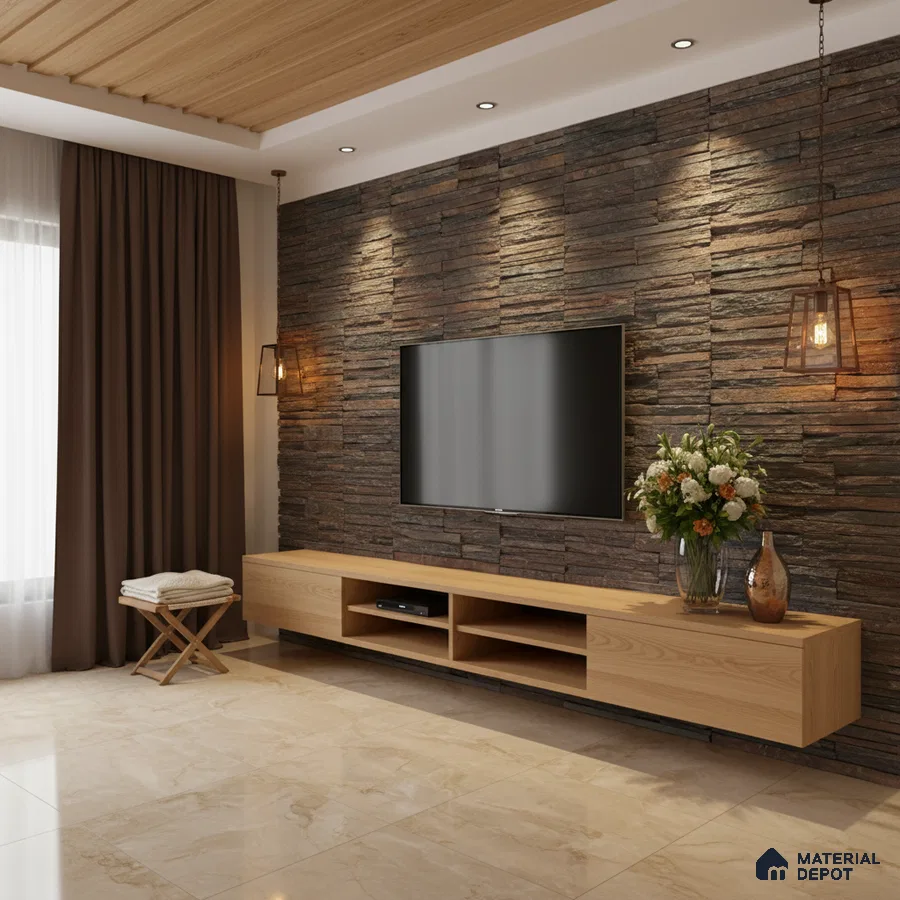 Modern living room with stacked stone cladding, light oak laminate TV unit, and beige marble floor tiles in Bengaluru
