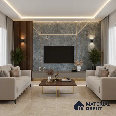 Modern living room with beige marble laminate TV wall and walnut wood louvers in Bengaluru