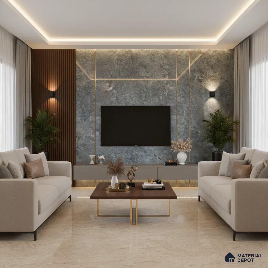 Modern living room with beige marble laminate TV wall and walnut wood louvers in Bengaluru