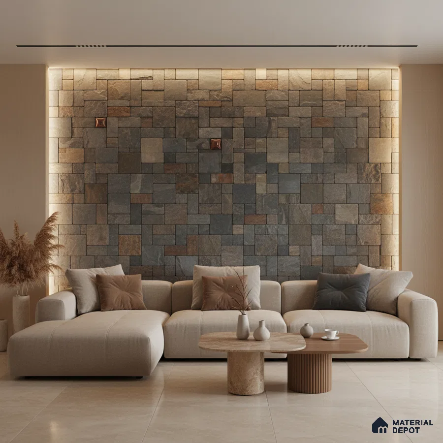 Modern living room with stone cladding accent wall and beige floor tiles in Bengaluru