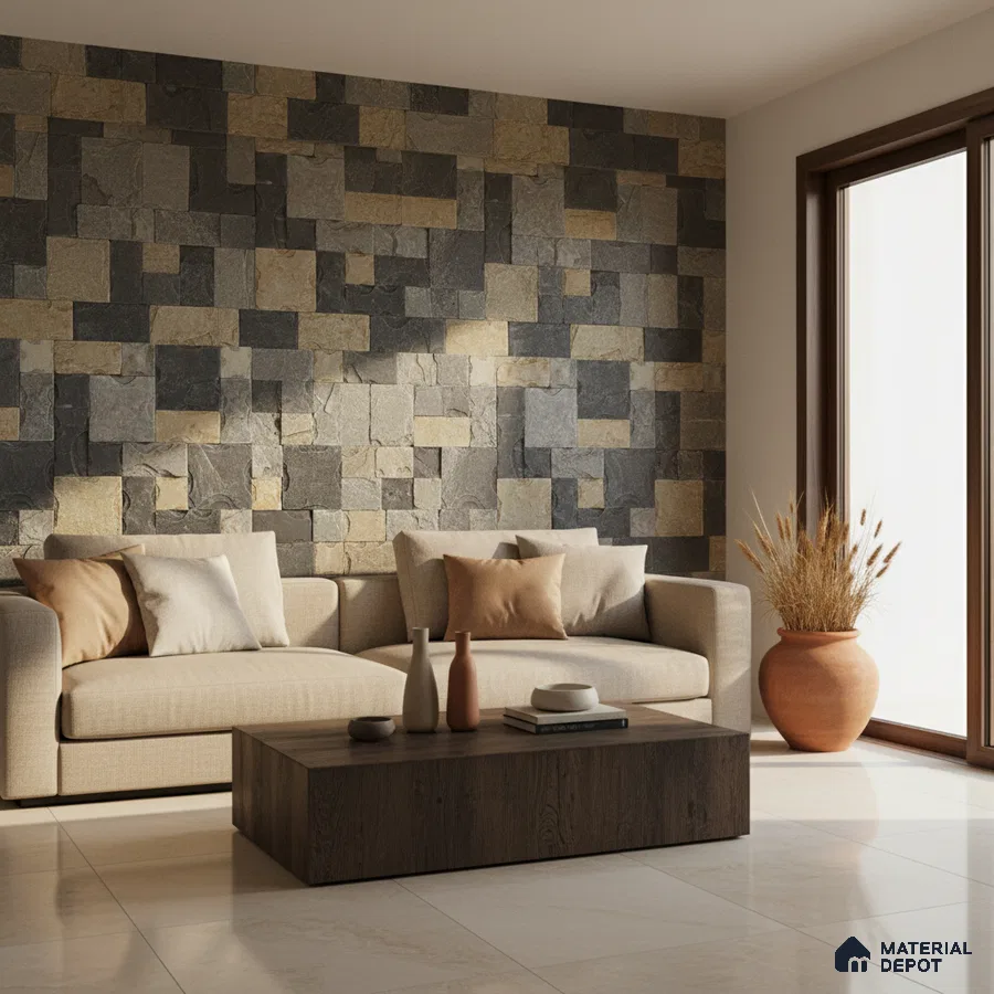 Modern living room with stone cladding accent wall and beige floor tiles in Bengaluru