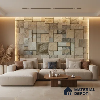 Modern living room with stone cladding accent wall and beige marble floor tiles in Bengaluru