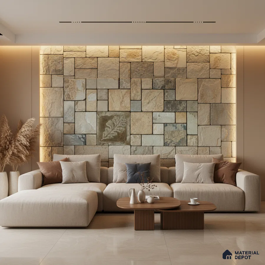 Modern living room with stone cladding accent wall and beige marble floor tiles in Bengaluru