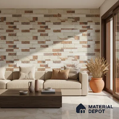 Modern living room with stone cladding accent wall and beige marble floor tiles in Bengaluru