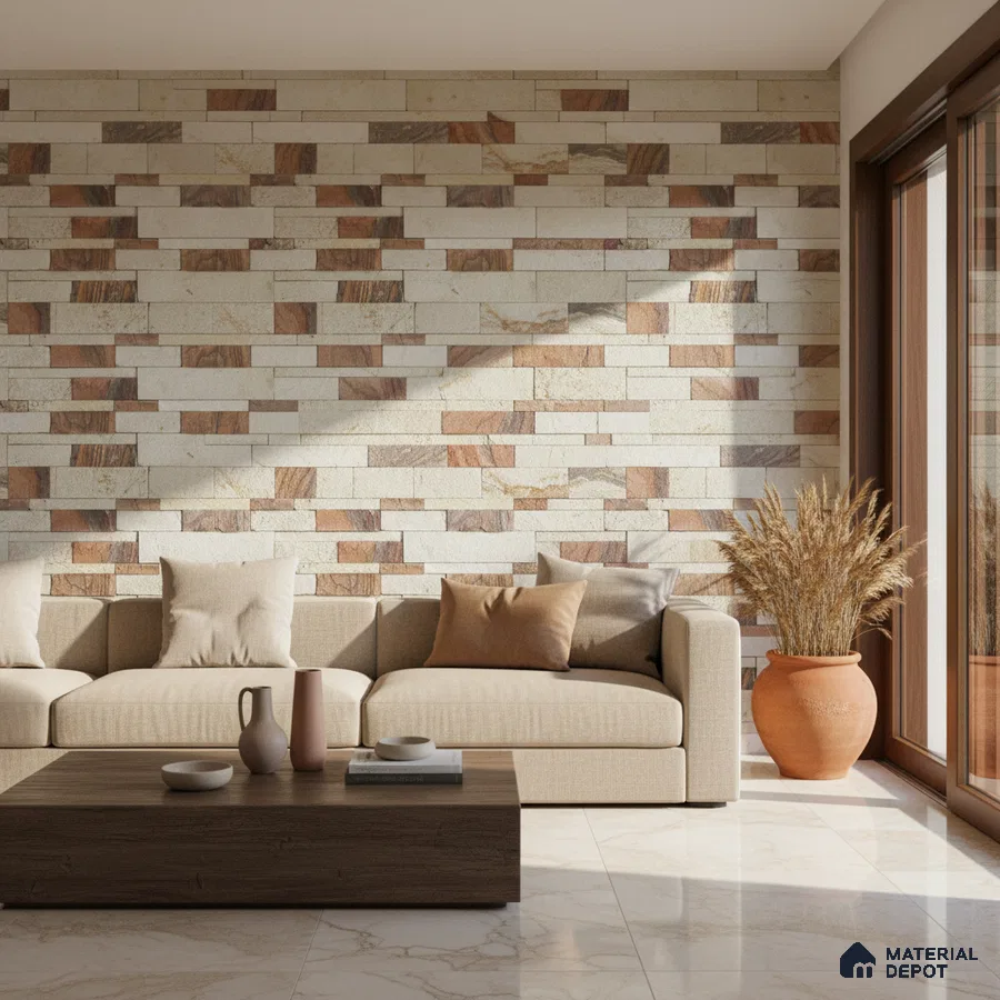 Modern living room with stone cladding accent wall and beige marble floor tiles in Bengaluru