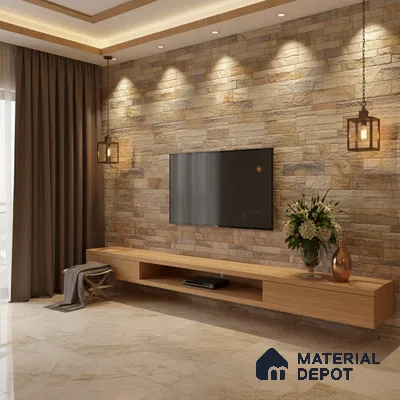 Modern living room with stone cladding accent wall and light oak floating TV unit in Bengaluru