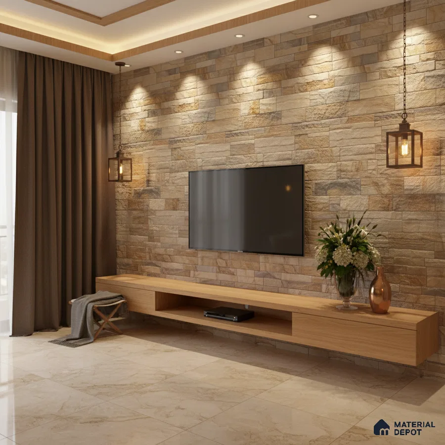 Modern living room with stone cladding accent wall and light oak floating TV unit in Bengaluru