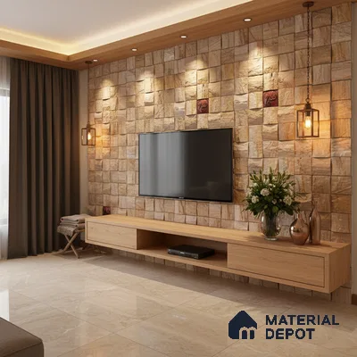 Modern living room with stone cladding accent wall and light oak laminate TV unit in Bengaluru