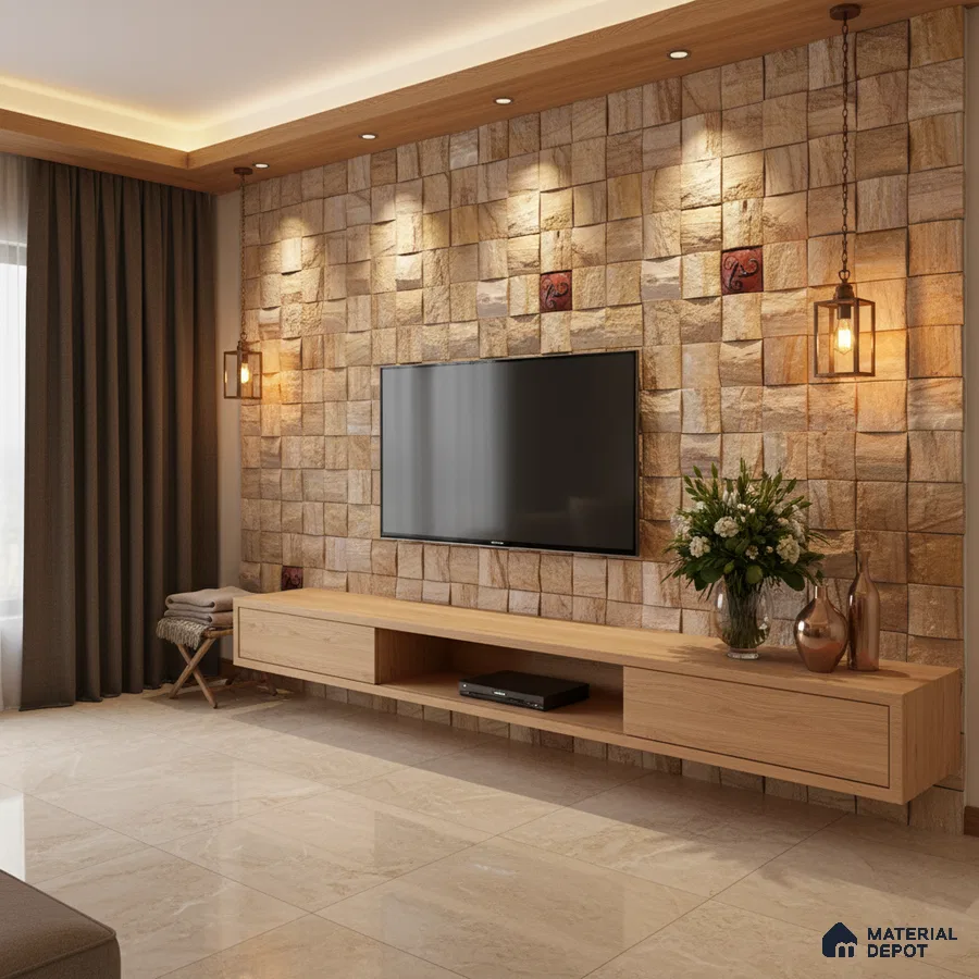 Modern living room with stone cladding accent wall and light oak laminate TV unit in Bengaluru