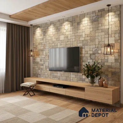 Modern living room with stone cladding accent wall and light oak laminate TV unit in Bengaluru