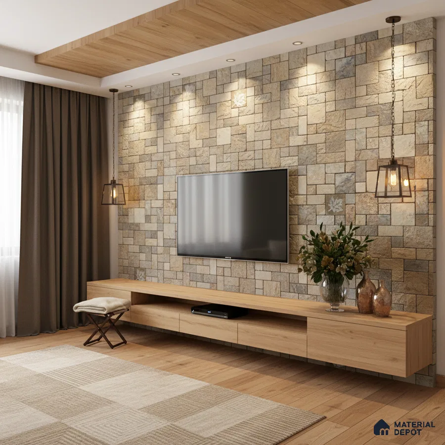 Modern living room with stone cladding accent wall and light oak laminate TV unit in Bengaluru