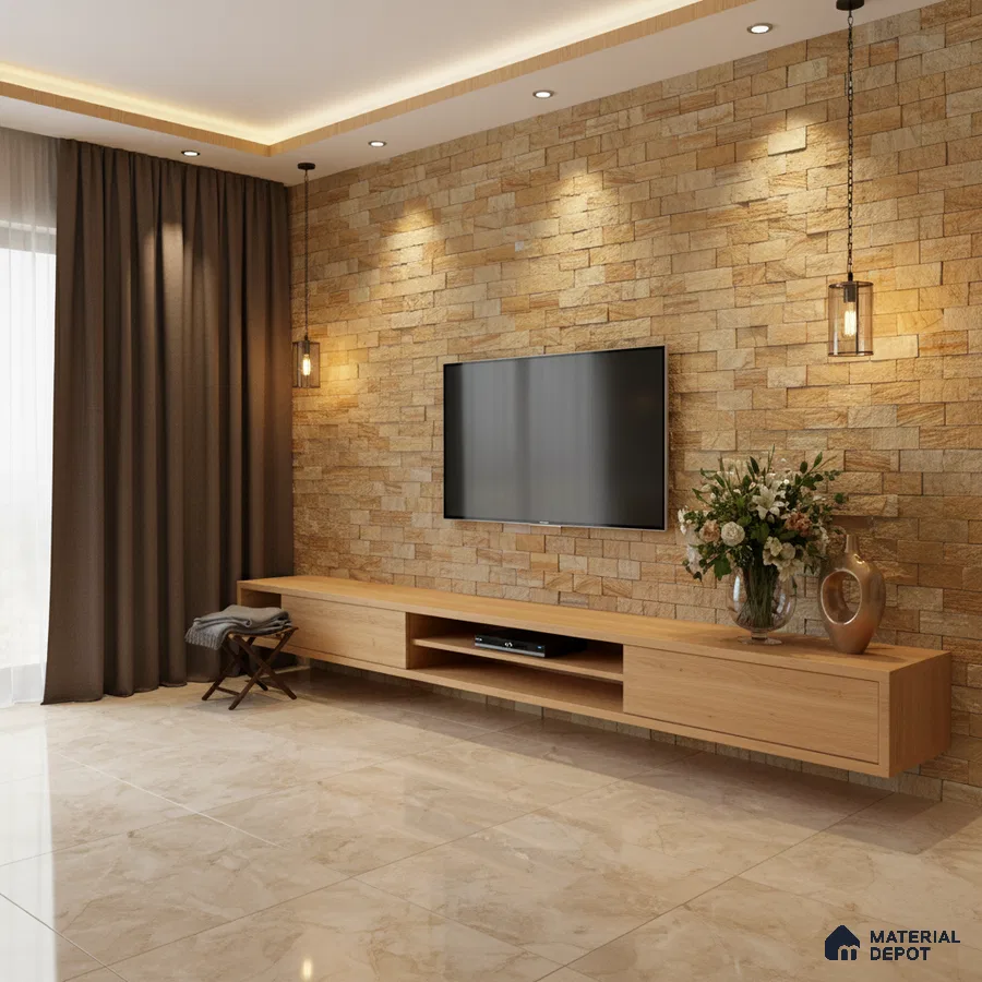 Modern living room with stone cladding accent wall and light oak laminate TV unit in Bengaluru