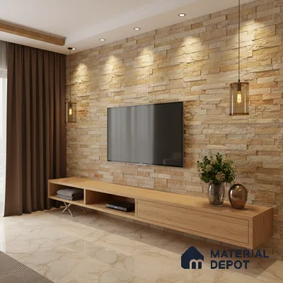 Modern living room with stone cladding accent wall and light oak laminate TV unit in Bengaluru